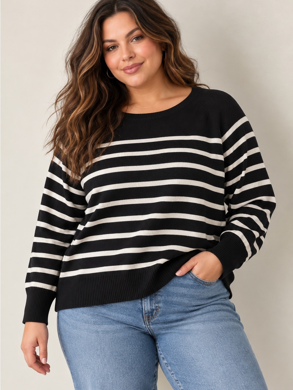 H&M Black White Striped Sweater Plus Size 2X Lightweight Knit Preppy